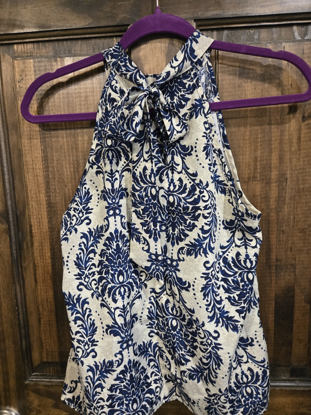 SHEIN Blue Damask Tie-Neck Halter Top